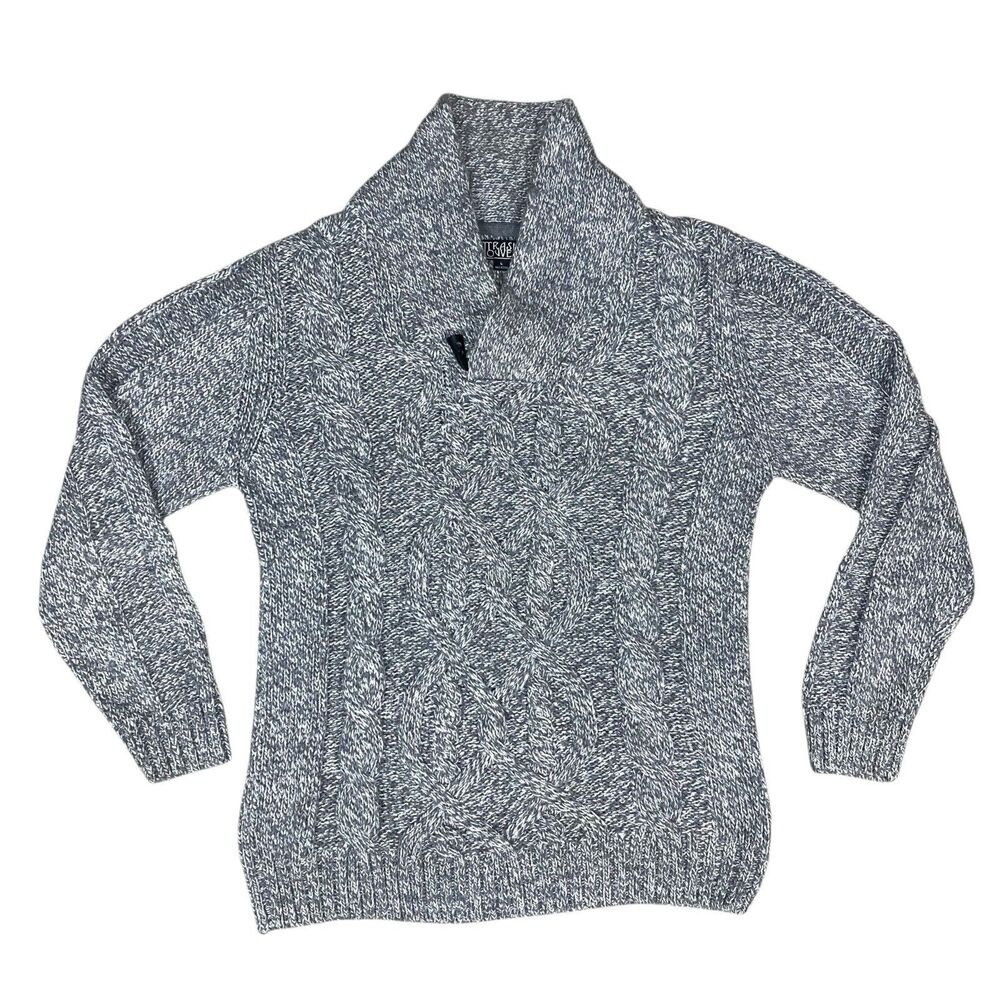Trash Nouveau Sweater Men Sz L‎ Gray Black Shawl Neck Cable Knit Casual Pullover